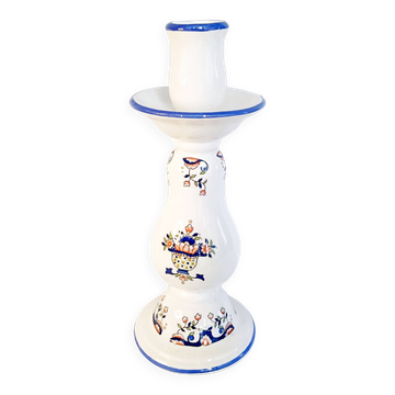 Old Rouen style earthenware candle holder decorated with flower basket 25 cm