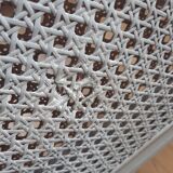 Artisanal double cannage bed, bench, pearl gray patina.