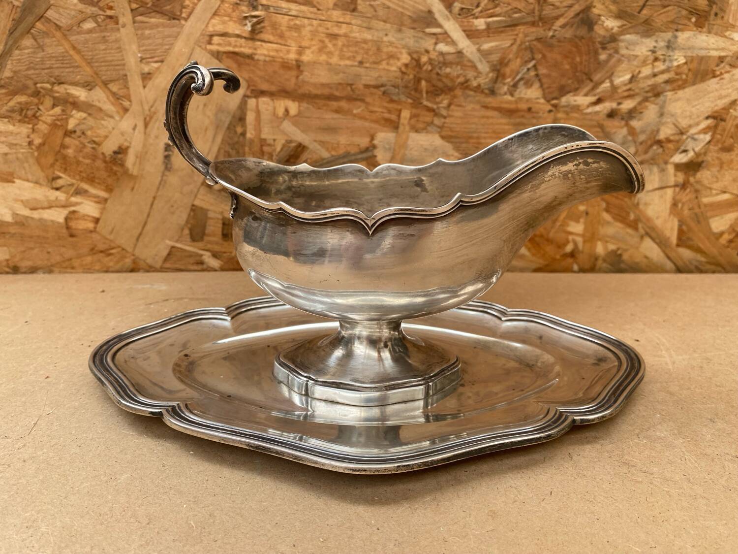 Antique silver metal gravy boat vintage kitchen utensil