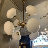 Chandelier pendant lamp design sputnik in golden brass, 8 globes balls opaline glass, ca 1970s