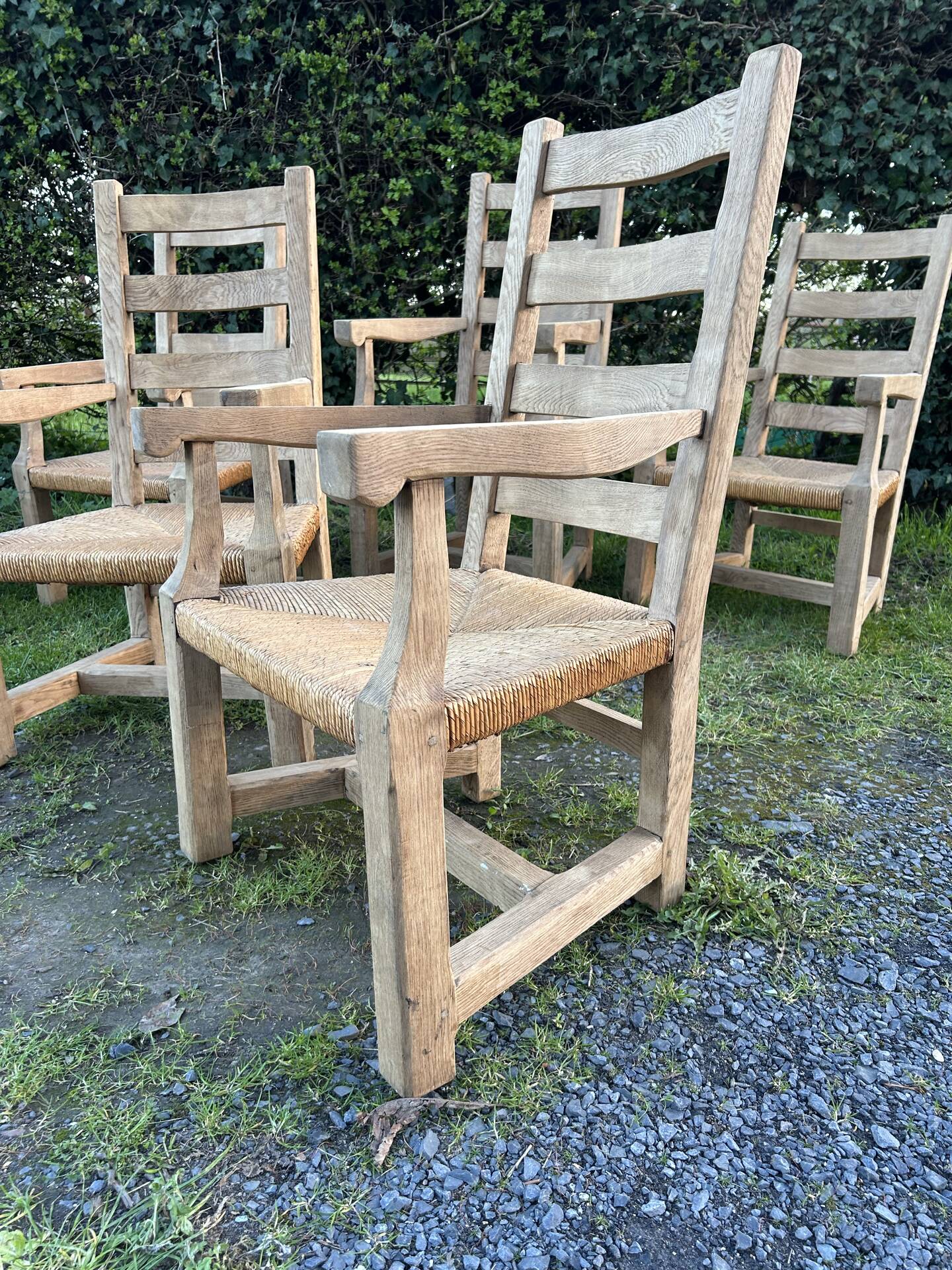 6 solid oak chairs - straw seats