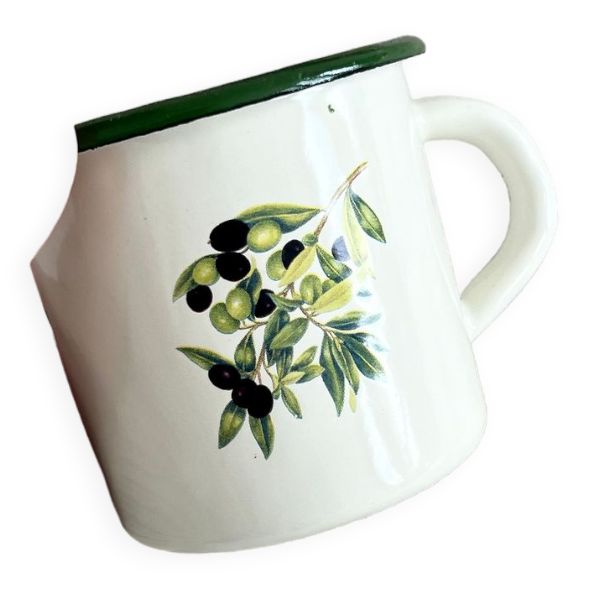 Vintage beige enamelled cup green border olive branch pattern rustic style