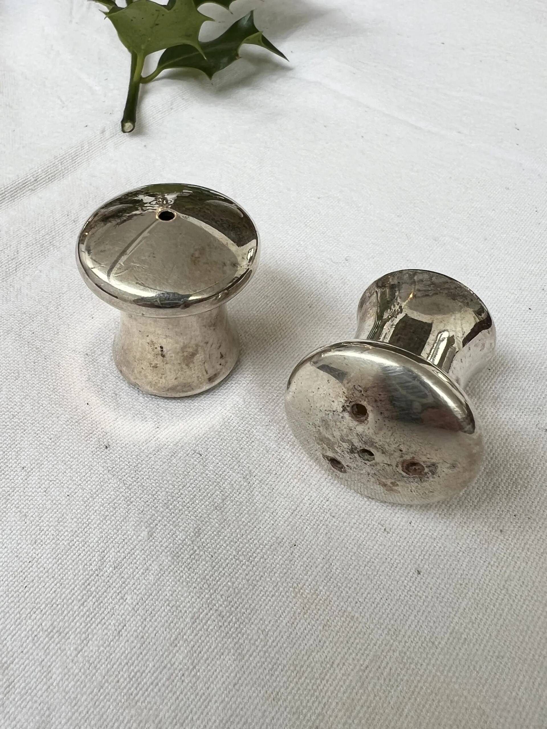 Duo salière et poivrier en forme de champignon en métal argenté