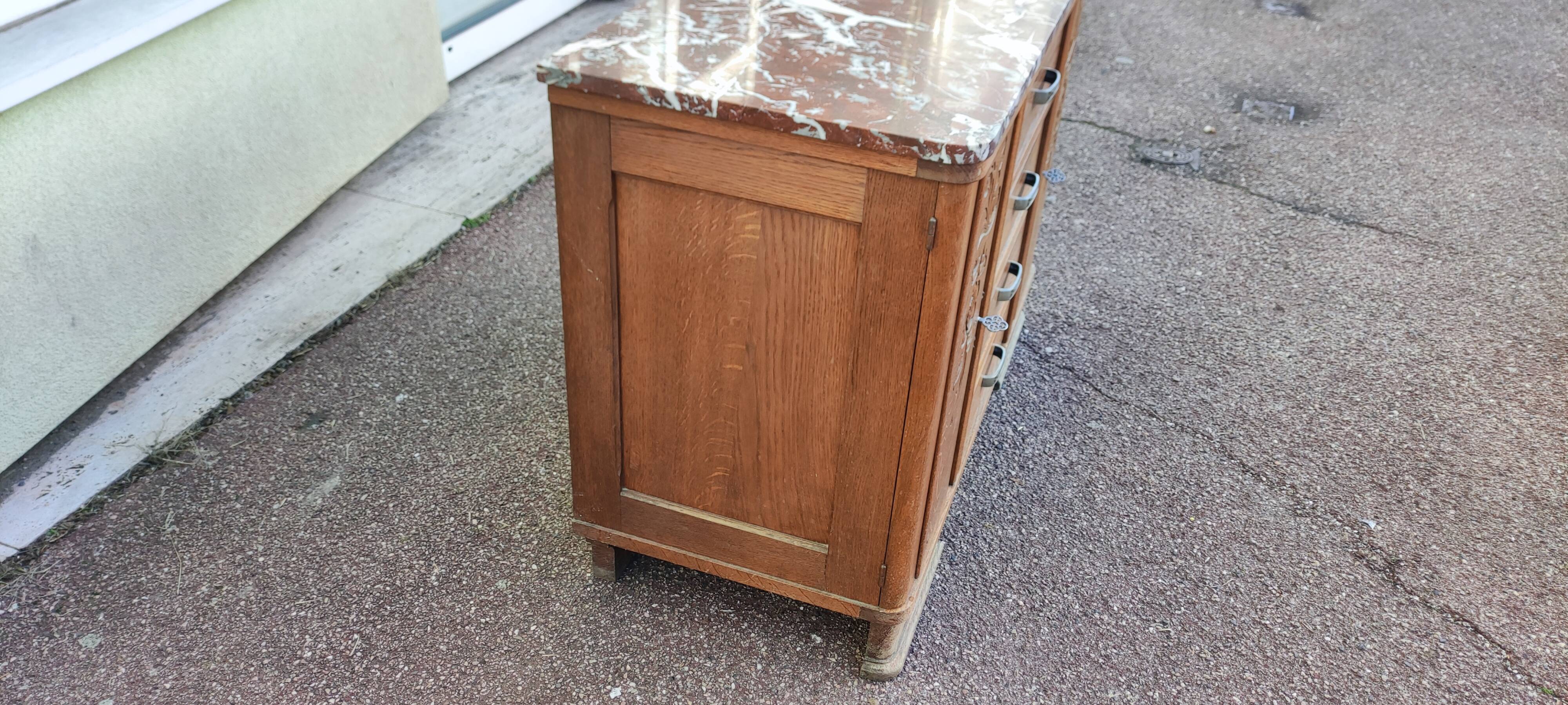 Small Buffet Commode Solid wood 4 drawer - Red marble - 1950