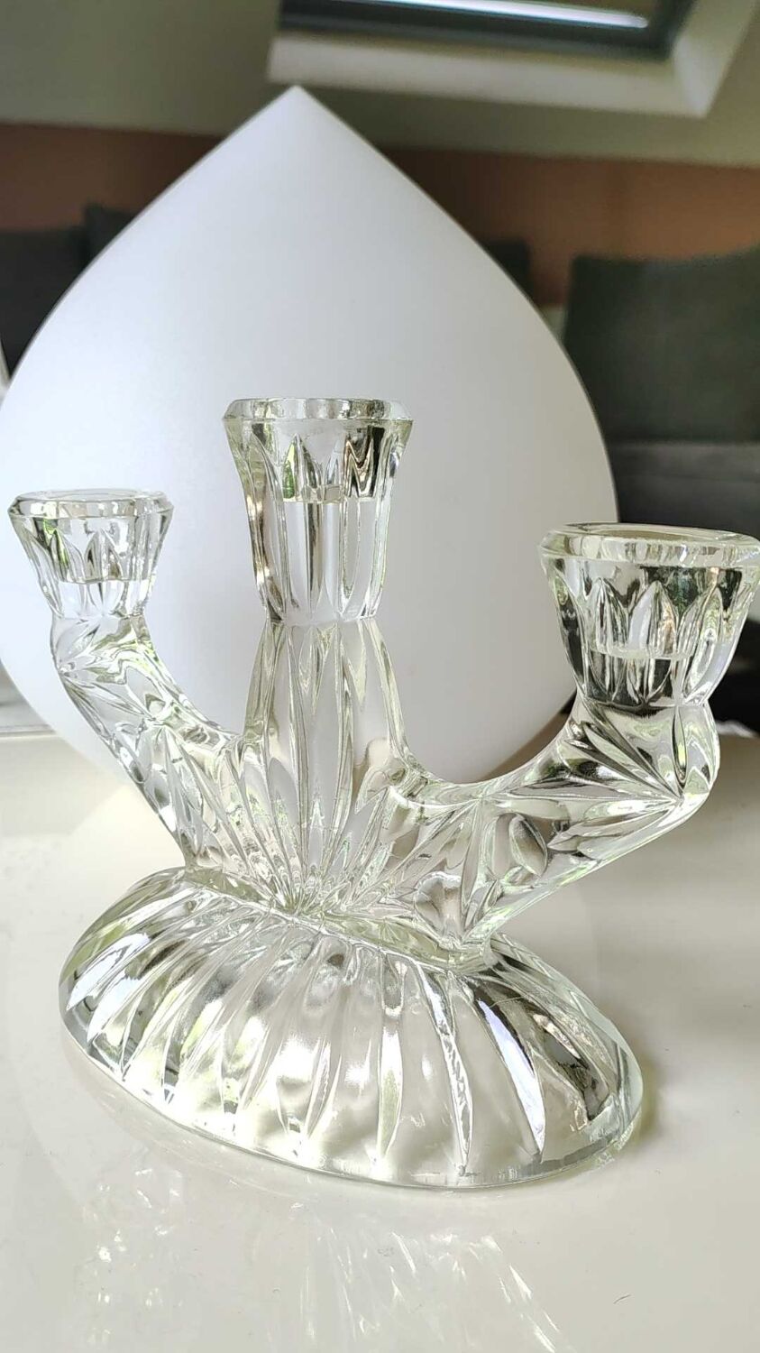 Pair of 3-spoke candlesticks, in art glass. Oberglas Austria. 50s
