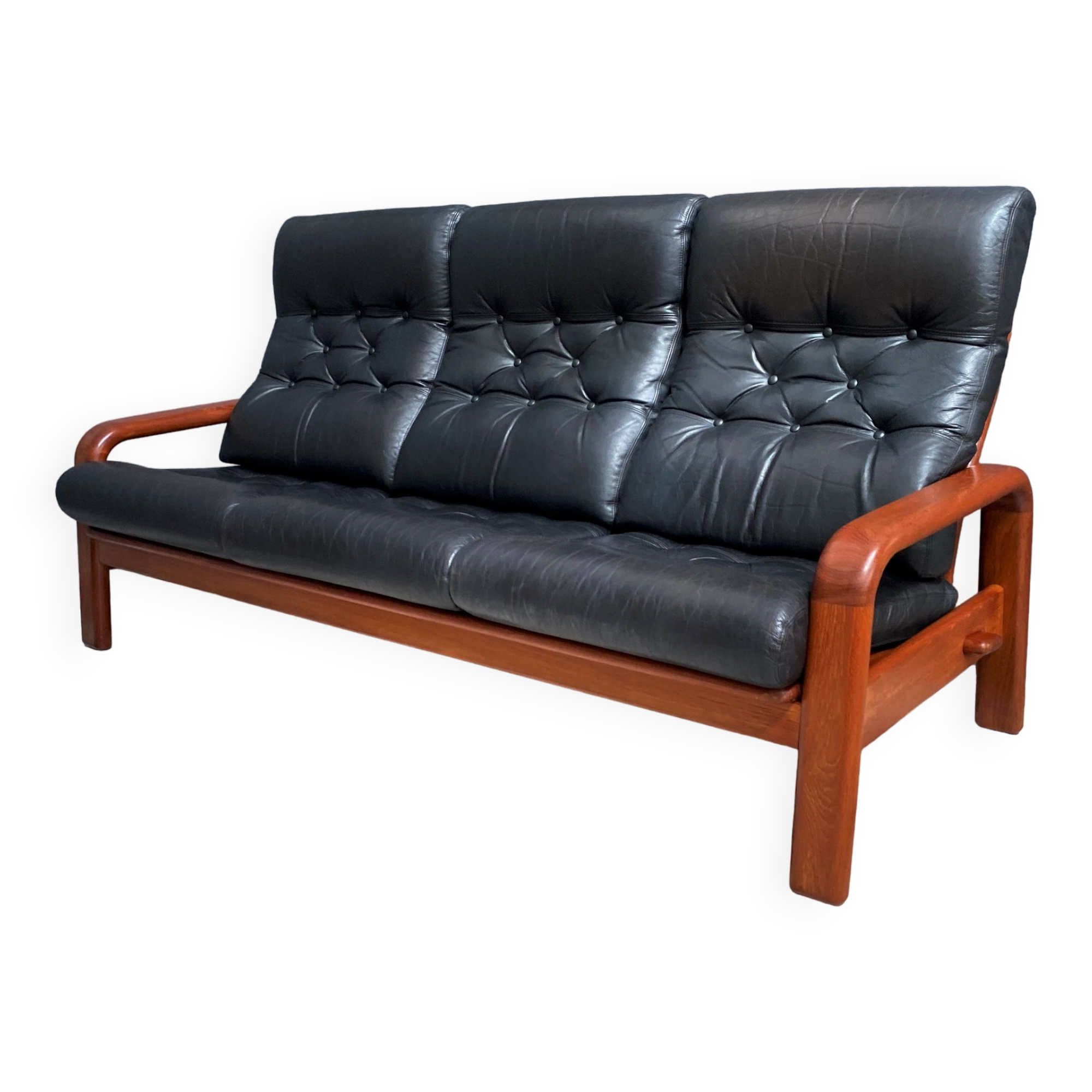 Teak and Black Leather 32 seat sofa by HS Denmark 1970s