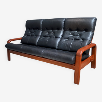Teak and Black Leather 32 seat sofa by HS Denmark 1970s