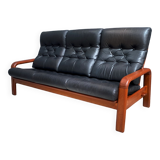 Teak and Black Leather 32 seat sofa by HS Denmark 1970s