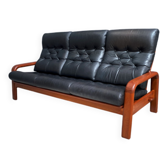 Teak and Black Leather 32 seat sofa by HS Denmark 1970s