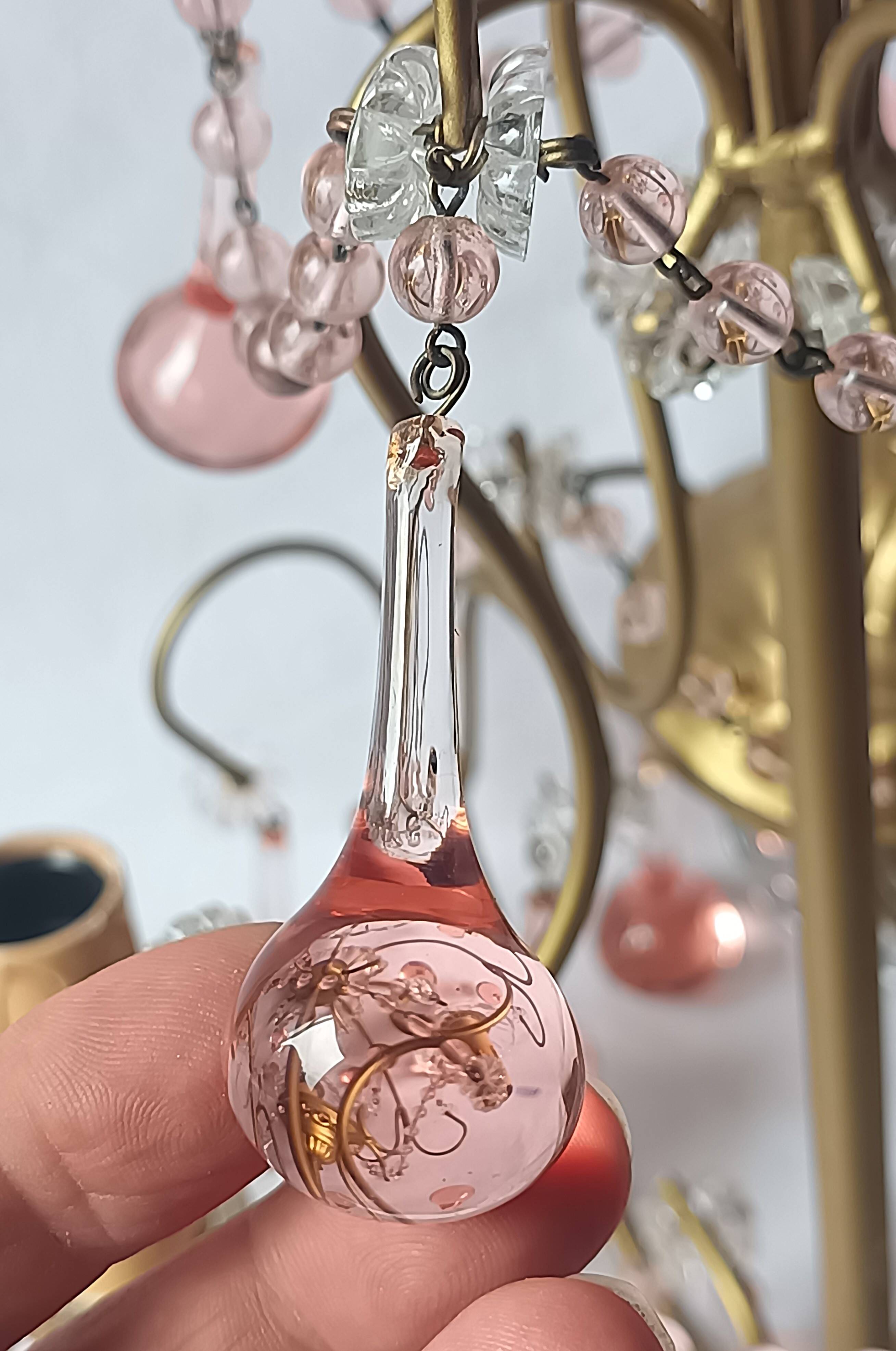 Vintage Murano drop pendant chandelier with pearl flower, 4 lights.