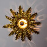 Brutalist sun wall lamp, metal and gold leaf, Italy, 1960