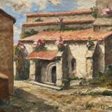 Huile sur panneau R. Luvinel ou Luvinet signature à identifier maison fleurs 1932