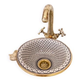 Moroccan ceramic Sink 100% handcrafted with Gold Brass