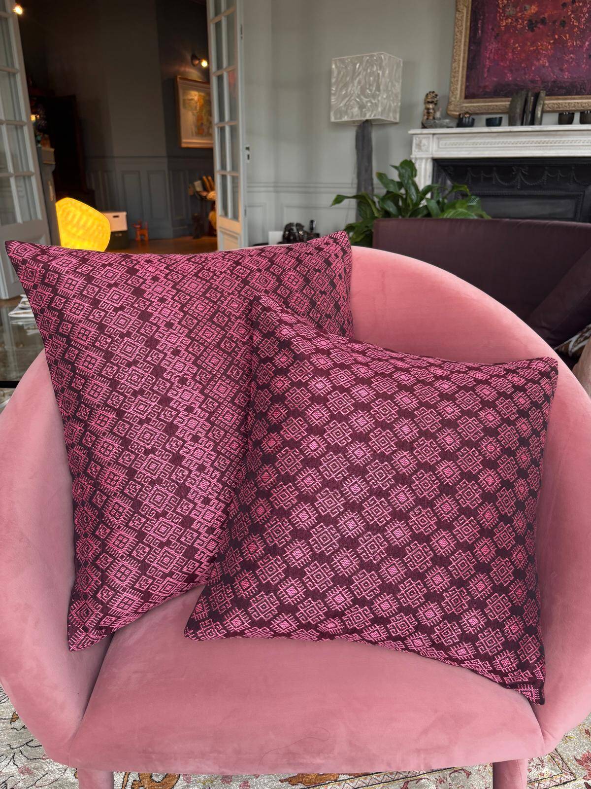 Burgundy and pink Kachin cushion cover (RIDA)