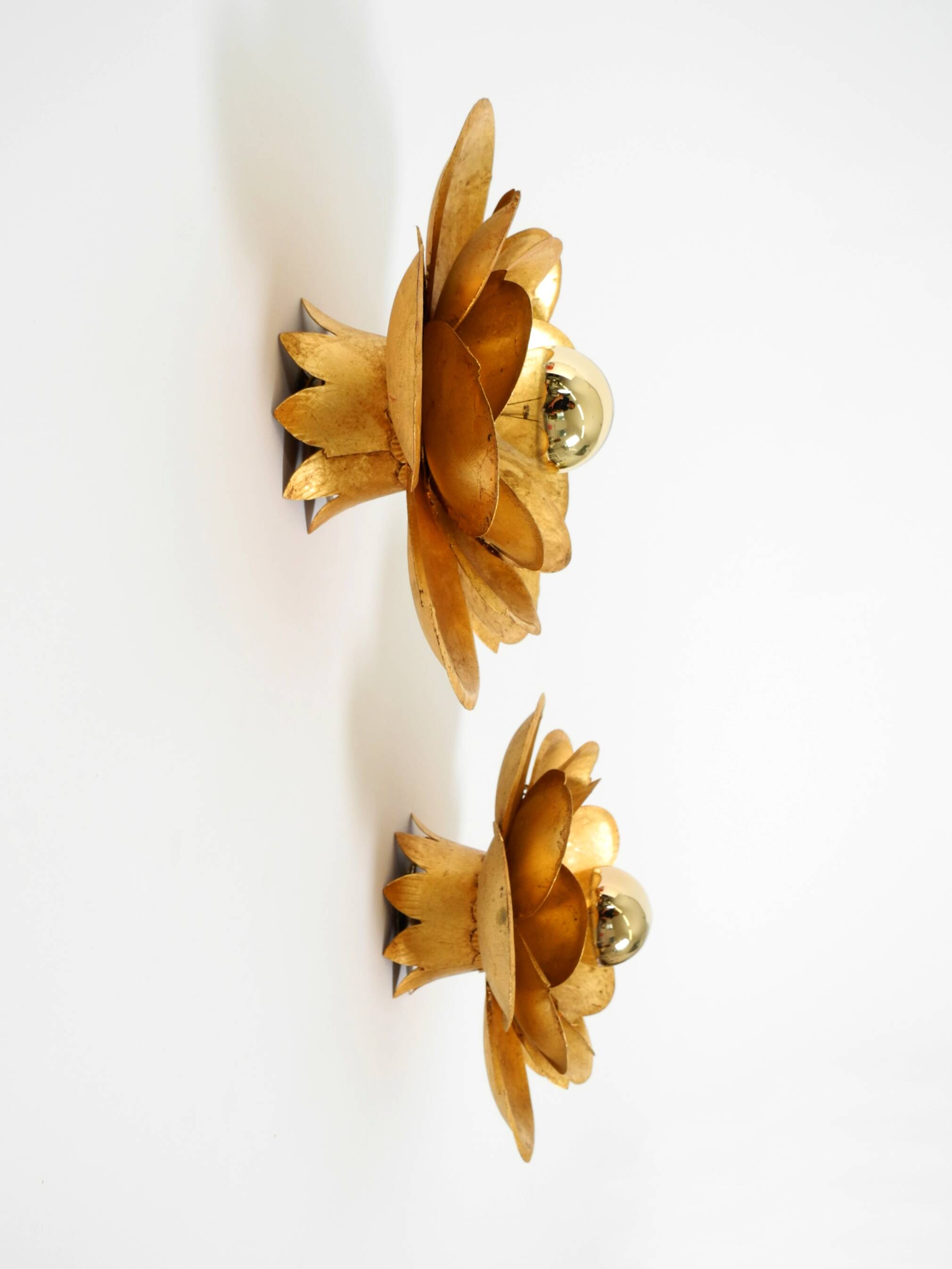 Two beautiful, large, gilt wall lamps, "Water Lily," Italy, 1960s
