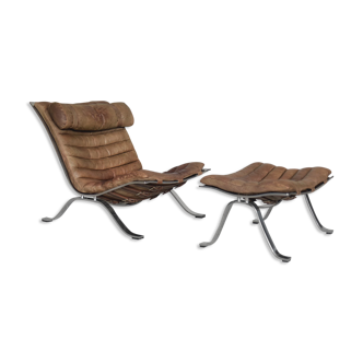 Mid-century modern cognac leather Ari lounge chair with ottoman by Arne Norell for Norell AB, 1960s