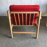 Set of mid-century red upholstered armchairs, 1960s Danish style.