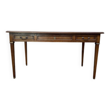 Bureau plat de style Louis XVI en merisier et cuir noir