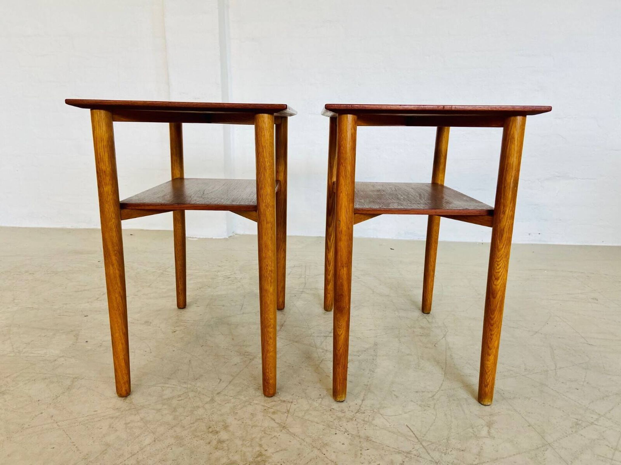 Vintage Danish mid-century teak and oak bedside tables by Næstved Møbelfabrik