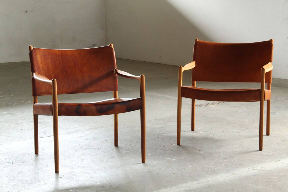 Pair of vintage Per-Olof Scotte "Premier 69" oak armchairs in cognac leather