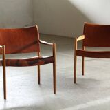 Pair of vintage Per-Olof Scotte "Premier 69" oak armchairs in cognac leather