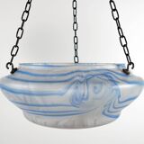 Abat-jour plafonnier en verre bleu et blanc à rayures vintage des années 1930