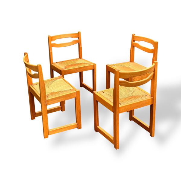Suite de 4 chaises traîneau en orme et paille Maison Regain