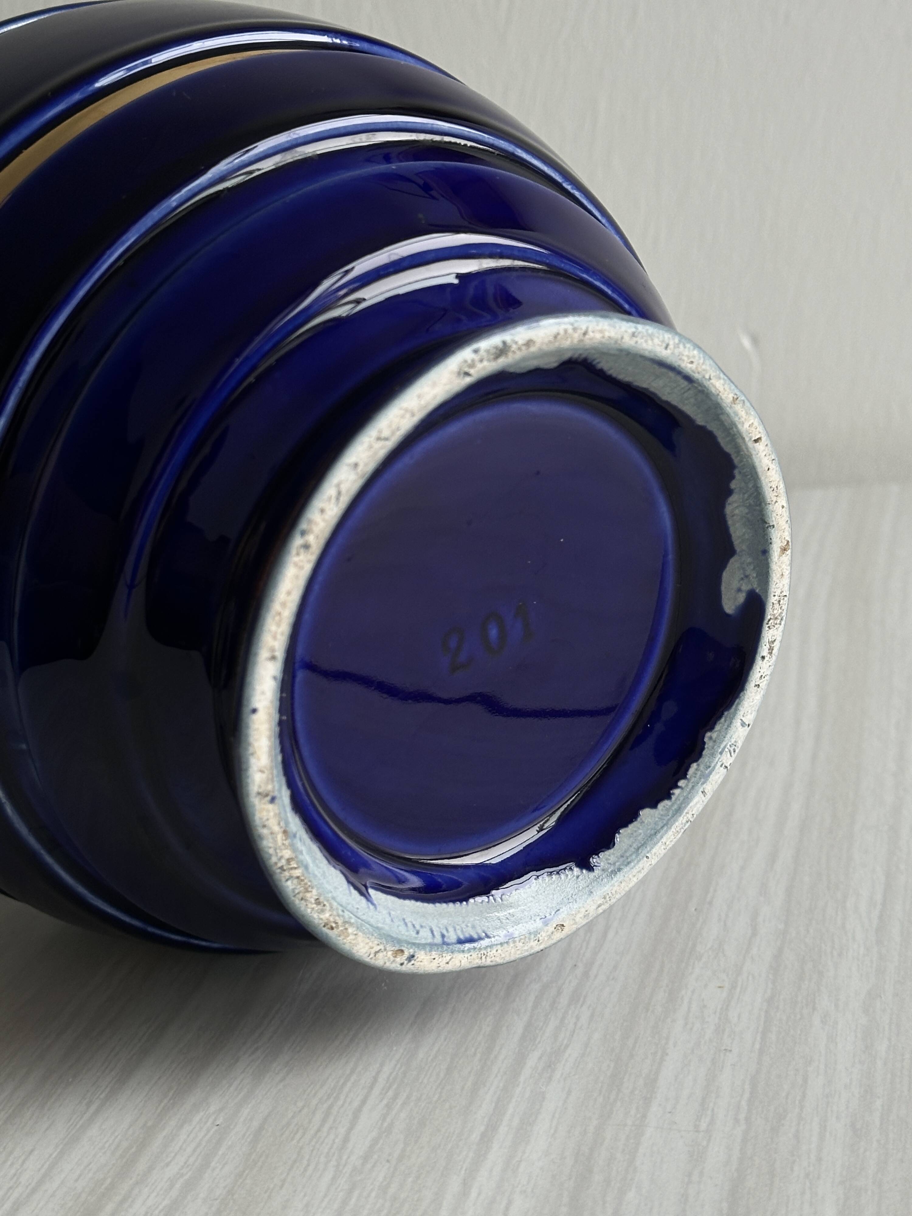 Vintage vase in shiny cobalt blue ceramic, gold edging
