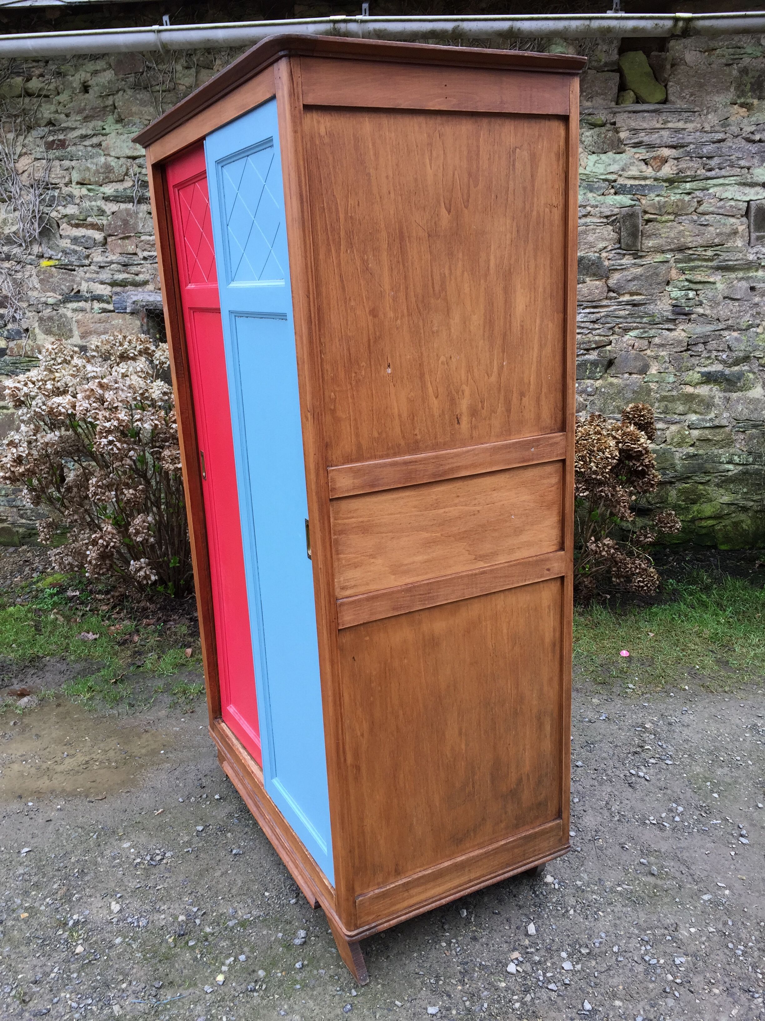 Vintage oak compass foot cabinet with 2 sliding doors painted red and blue