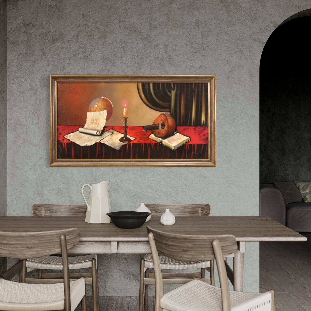 20th century Italian still life painting with musical instruments