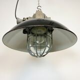 Black enamel and cast iron industrial cage pendant light , 1950s