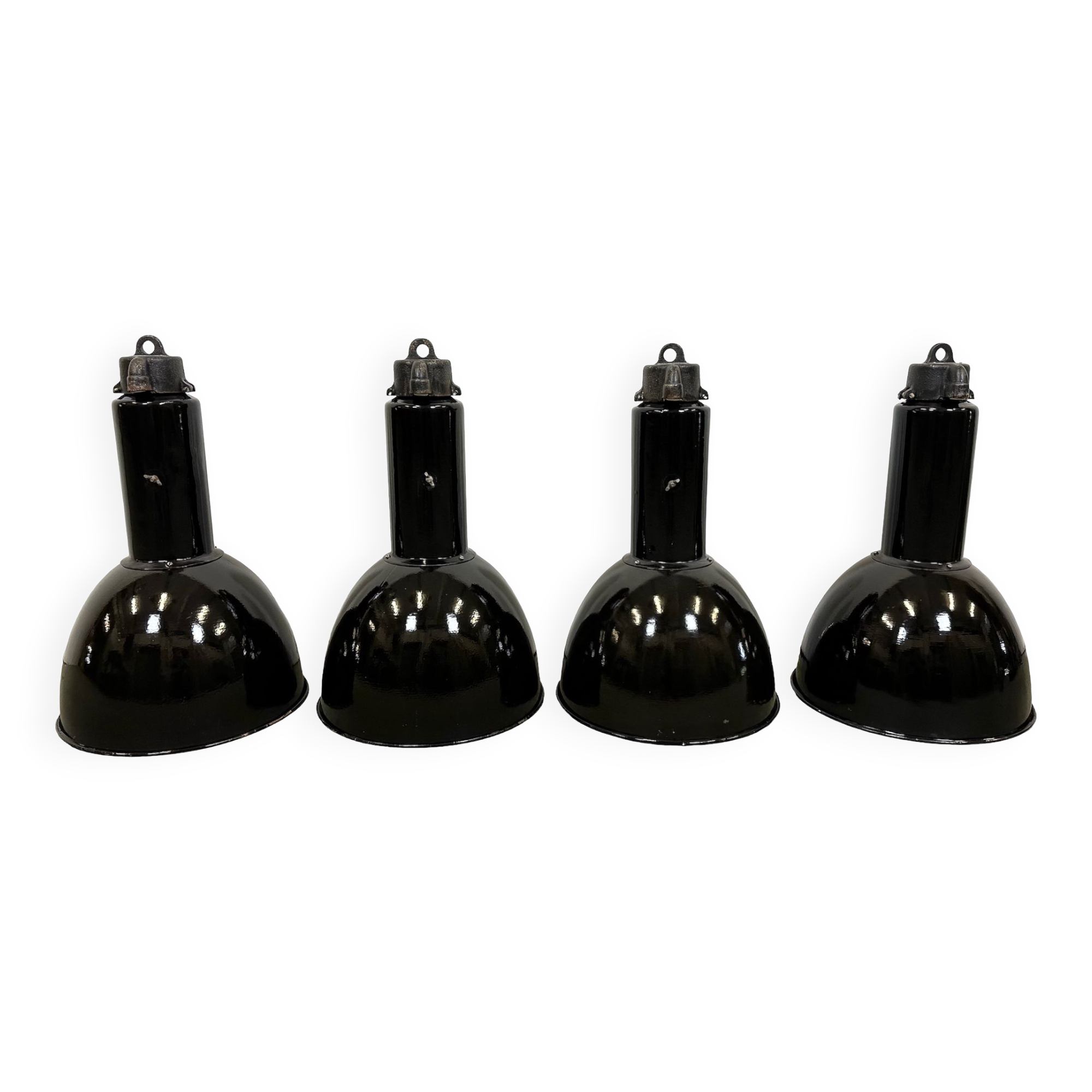 Set of 4 industrial bauhaus black enamel pendant lamps, 1960s