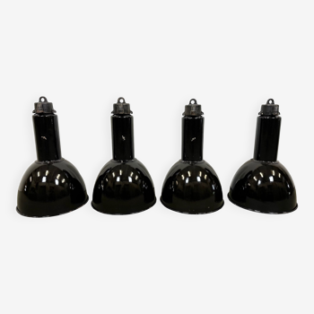 Set of 4 industrial bauhaus black enamel pendant lamps, 1960s