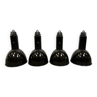 Set of 4 industrial bauhaus black enamel pendant lamps, 1960s