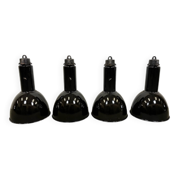 Set of 4 industrial bauhaus black enamel pendant lamps, 1960s