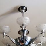 Art deco chandelier in chromed metal and glass 6 arms of lights