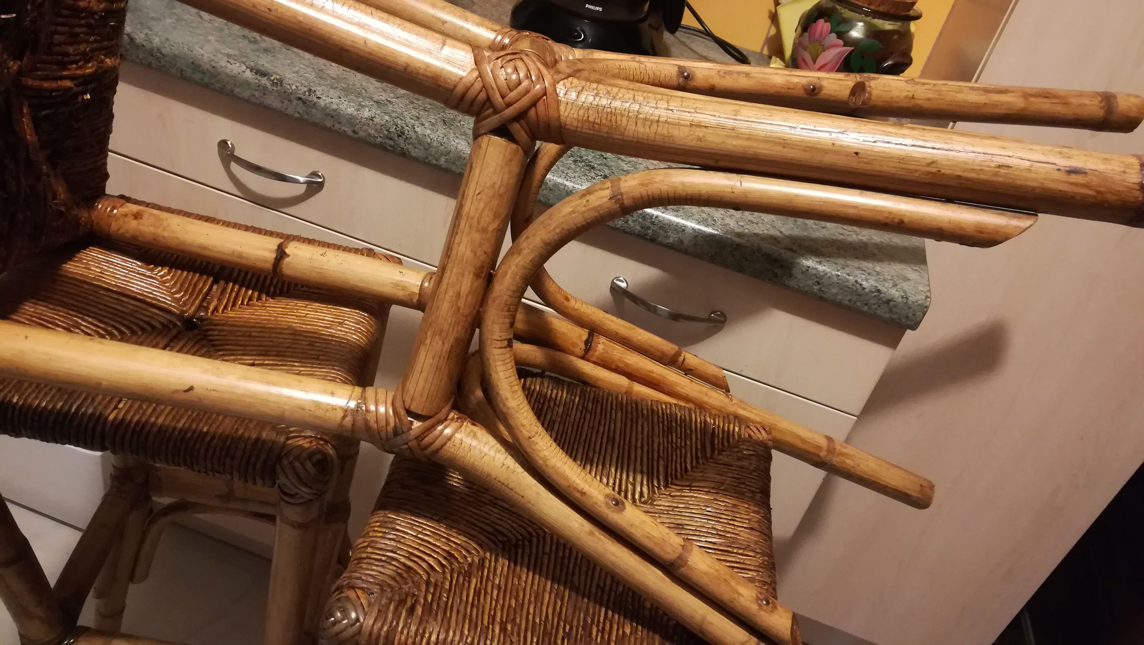 3 rattan bar stools seated mulched 1960s