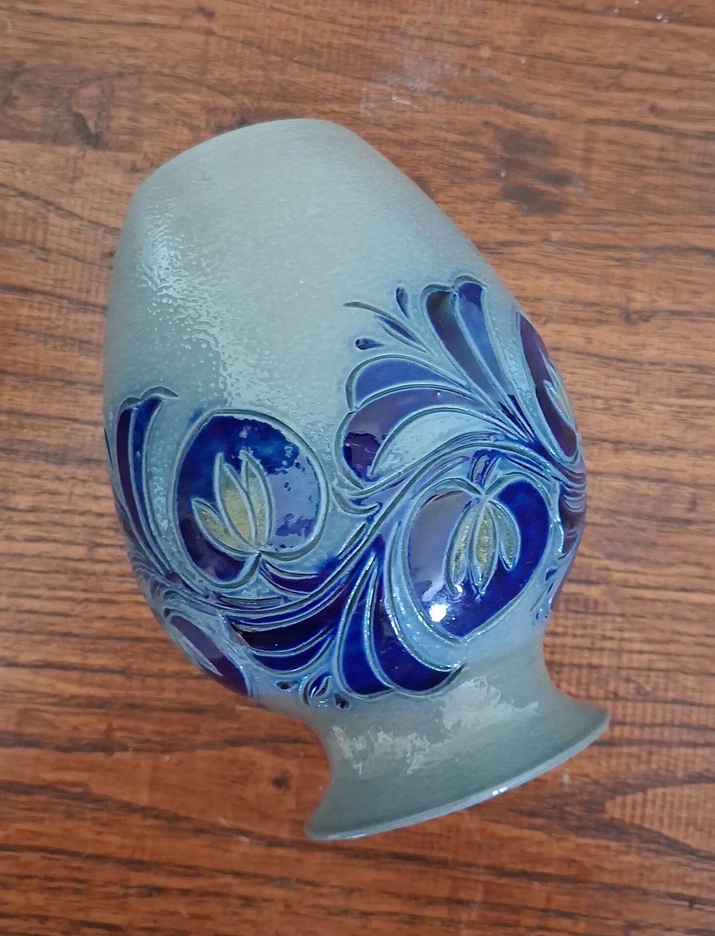Cobalt blue Alsace stoneware soliflore vase signed Schmitter vi