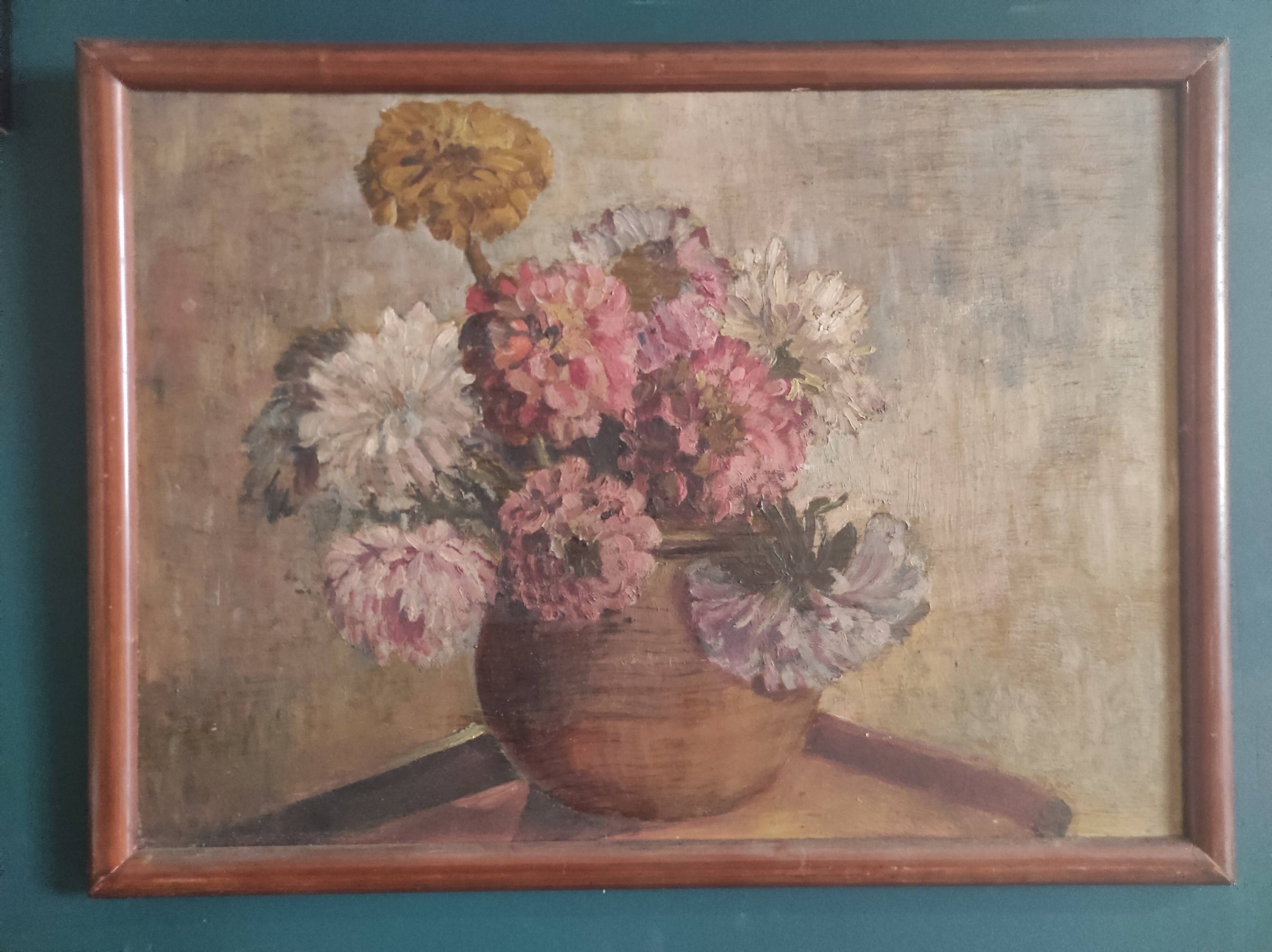 Vintage French oil painting of chrysanthemums