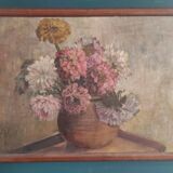 Vintage French oil painting of chrysanthemums