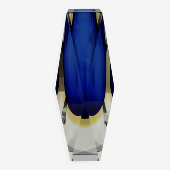 Murano flavio poli vase carré vintage en verre bleu et jaune