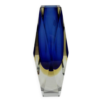Murano flavio polished vintage square vase in blue and yellow glass