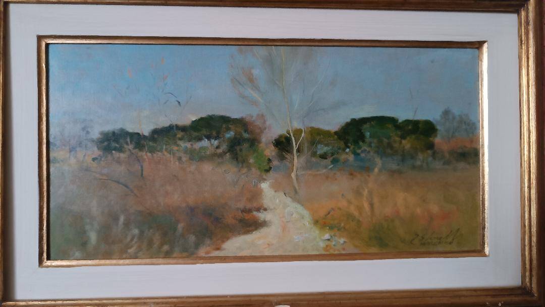 Peinture à l'huile paysage en carton maremme Bruno Loretti (Livourne 1940)