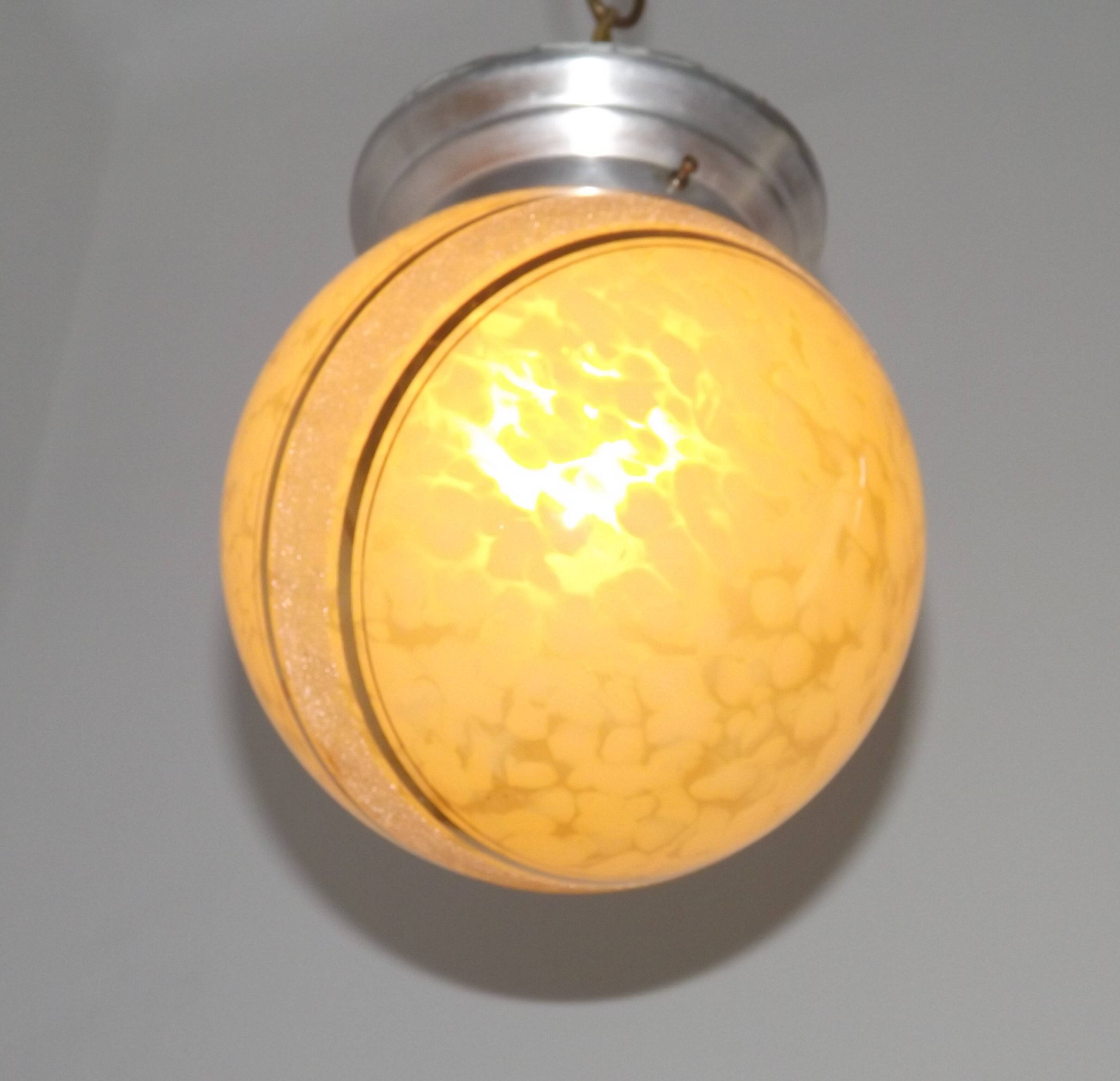 French Art Deco Ceiling Light Yellow & Gold Clichy Shade Metal Fitting 5464