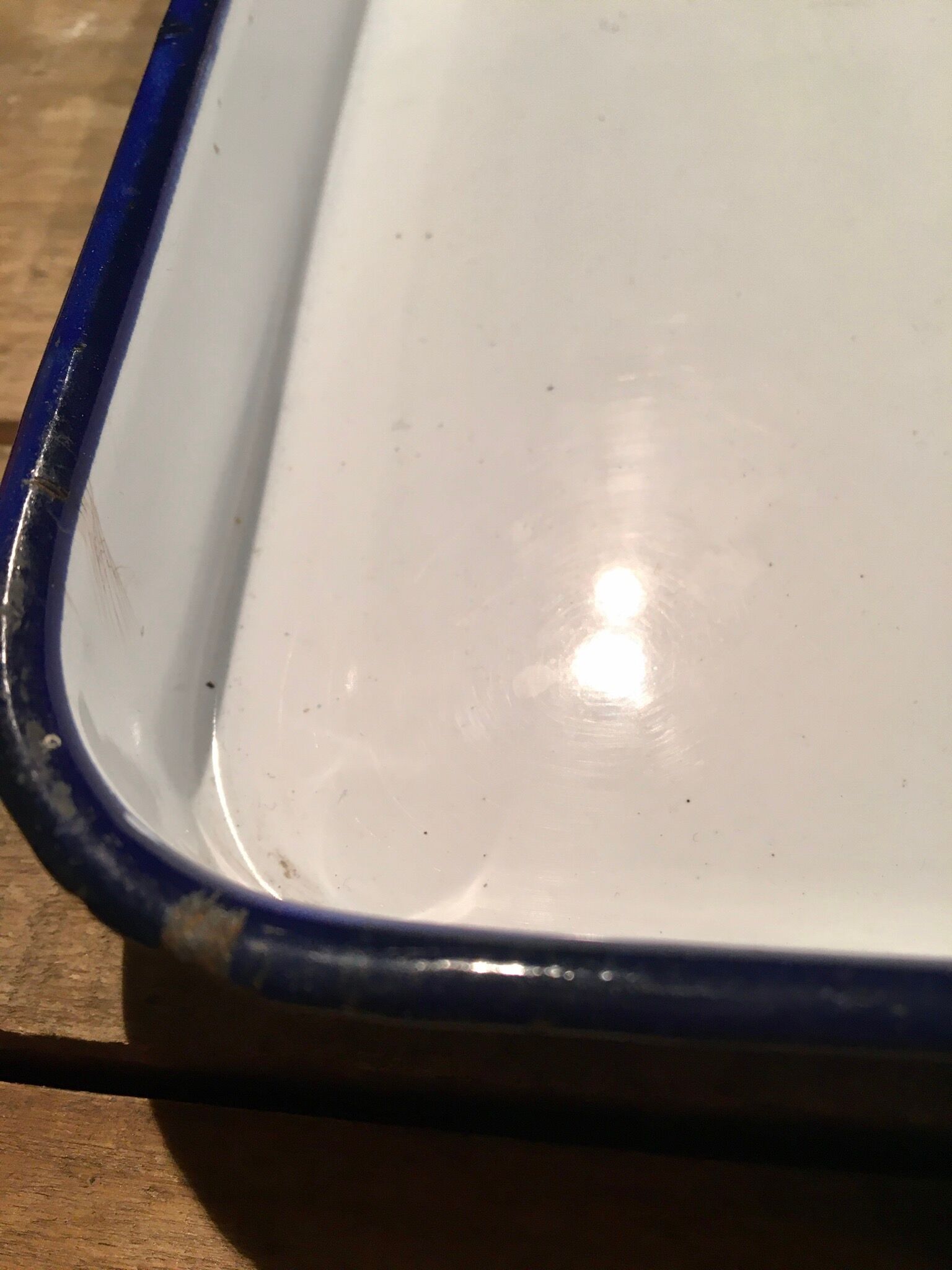White and navy enamelled plate tray