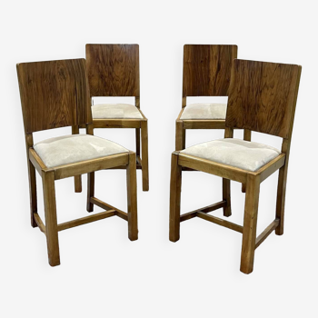 Set of 4 English Art Deco chairs in walnut burl