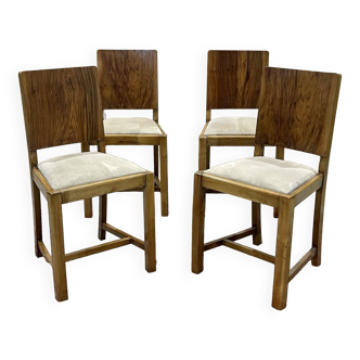 Set of 4 English Art Deco chairs in walnut burl