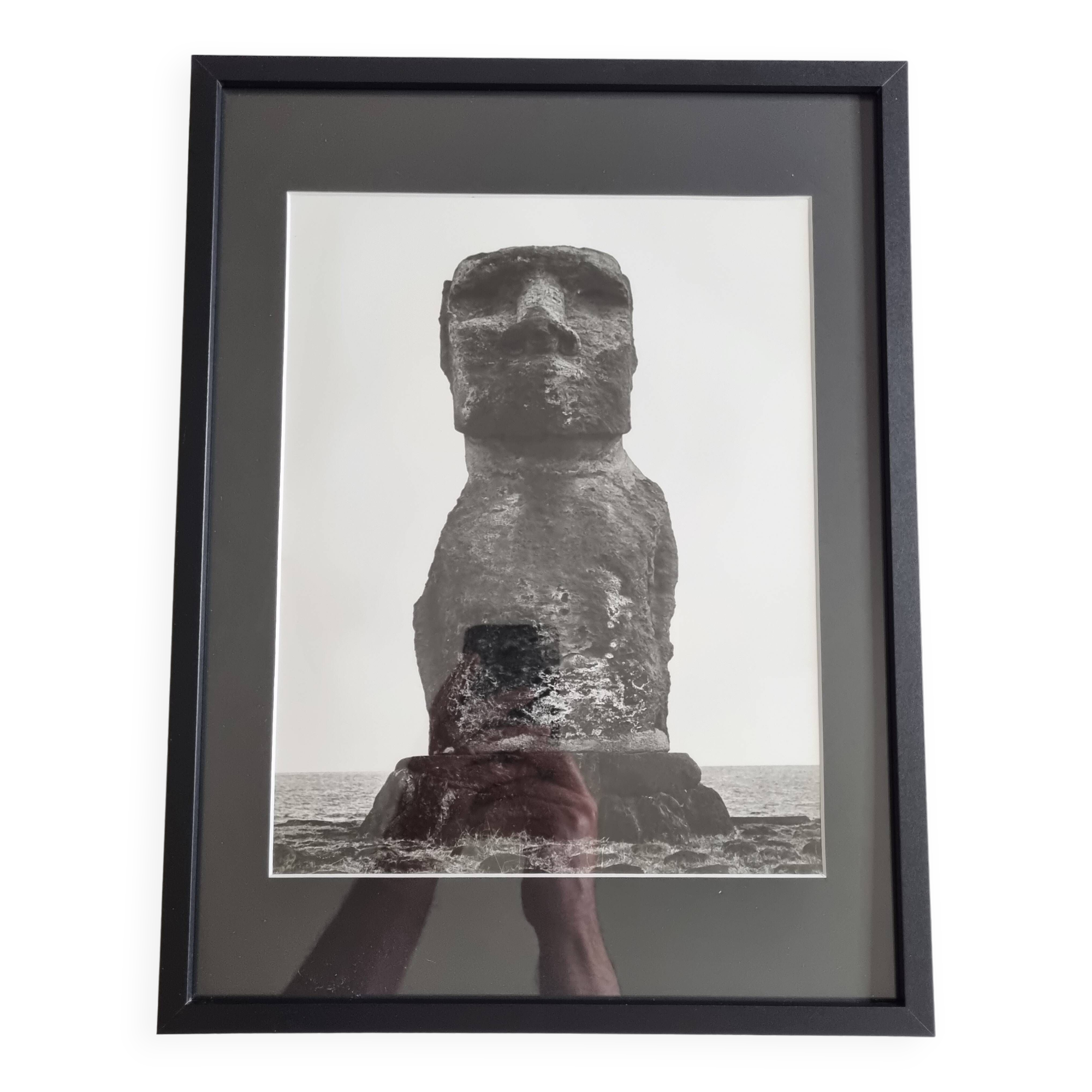 Vintage framed silver print, Moai of Easter Island, ethnological mission from 1970