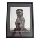 Vintage framed silver print, Moai of Easter Island, ethnological mission from 1970