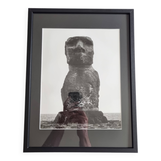 Vintage framed silver print, Moai of Easter Island, ethnological mission from 1970